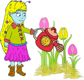 Purdee watering flowers with a watering can